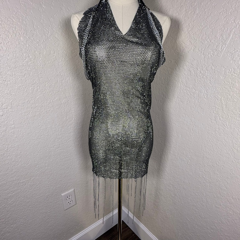Silver Black Chainmail Halter Mini Dress Fringe Hem Backless Festival Party Club